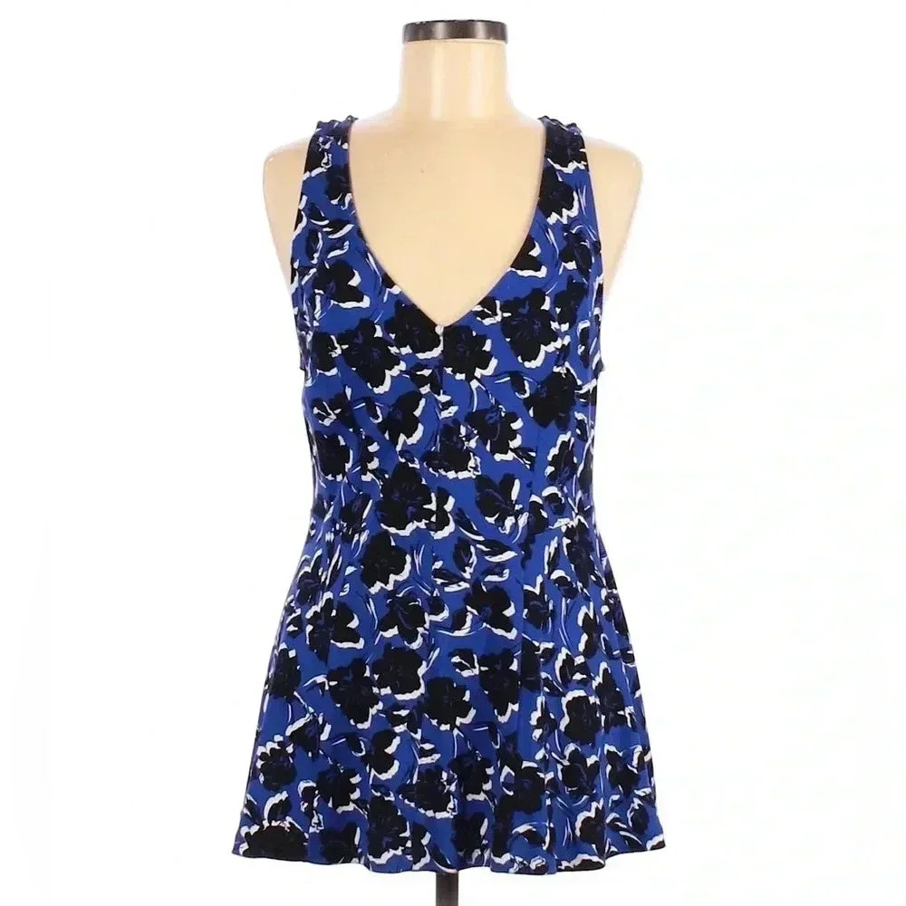Torrid Blue/Black/White Floral V-Neck Top